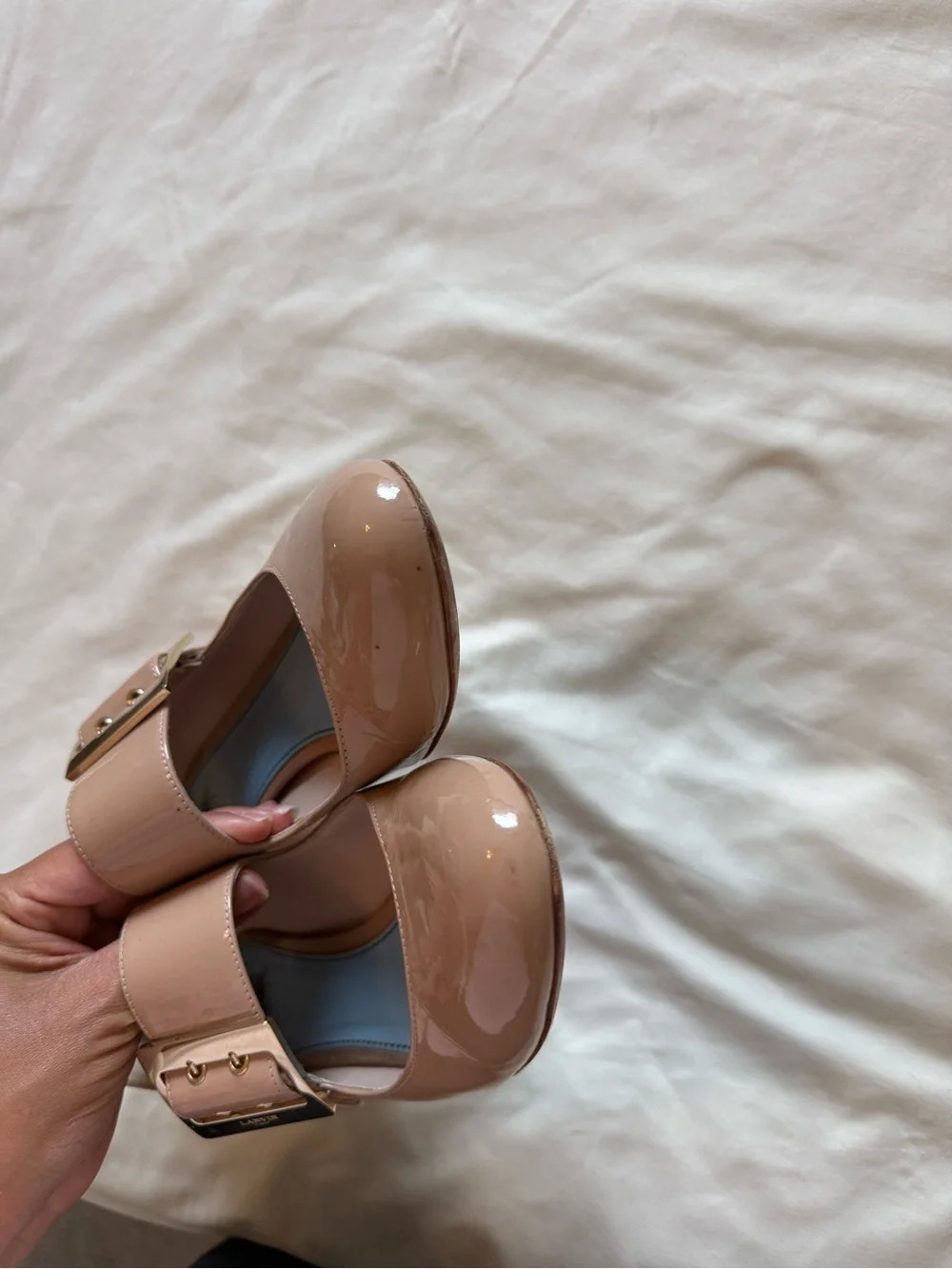 LANVIN | Blush Patent Leather Buckle Block Mary Jane Heels | 38 - Picture 6 of 7